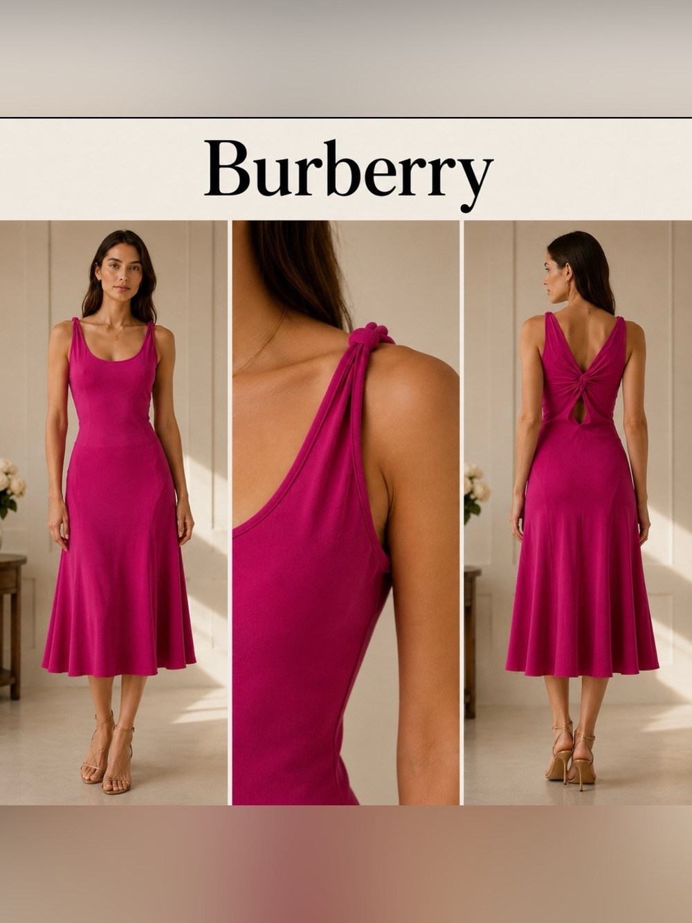Burberry Silk Midi Dress – Vibrant Magenta Knot-Detail Slip Dress